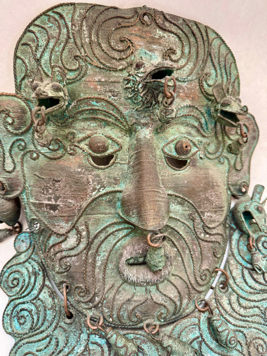 Bronze Mask from Mexico - Bearded Man Adorned with Small Animal Heads (bats?)