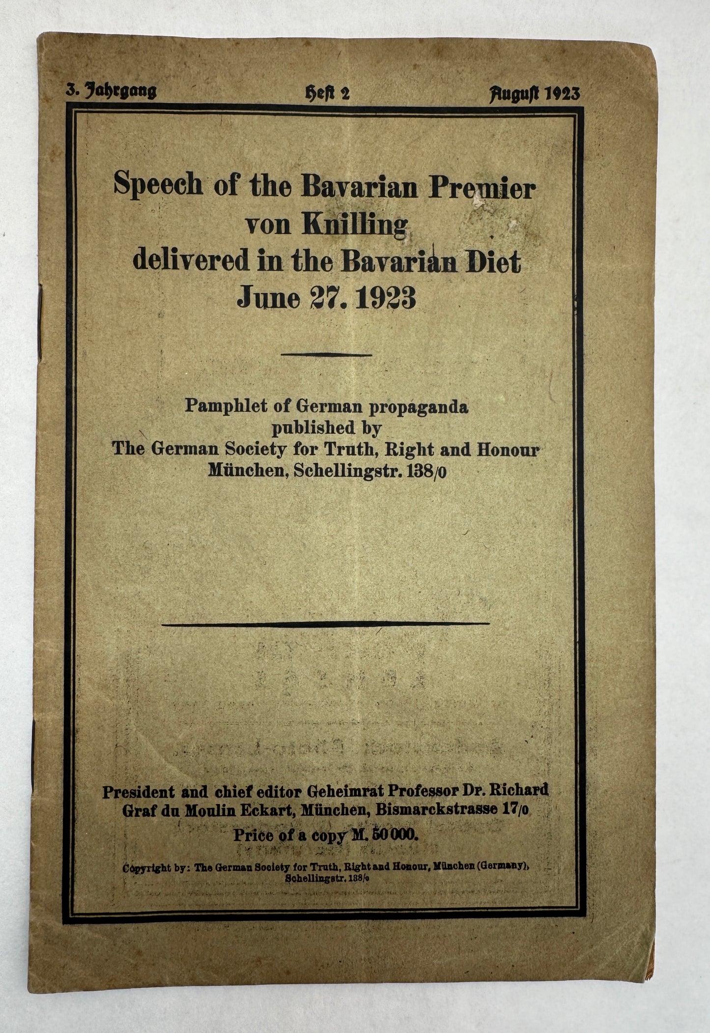Speech of the Bavarian Premier Von Knilling Delivered in the Bavarian Diet June 27, 1923