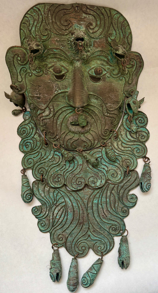 Bronze Mask from Mexico - Bearded Man Adorned with Small Animal Heads (bats?)