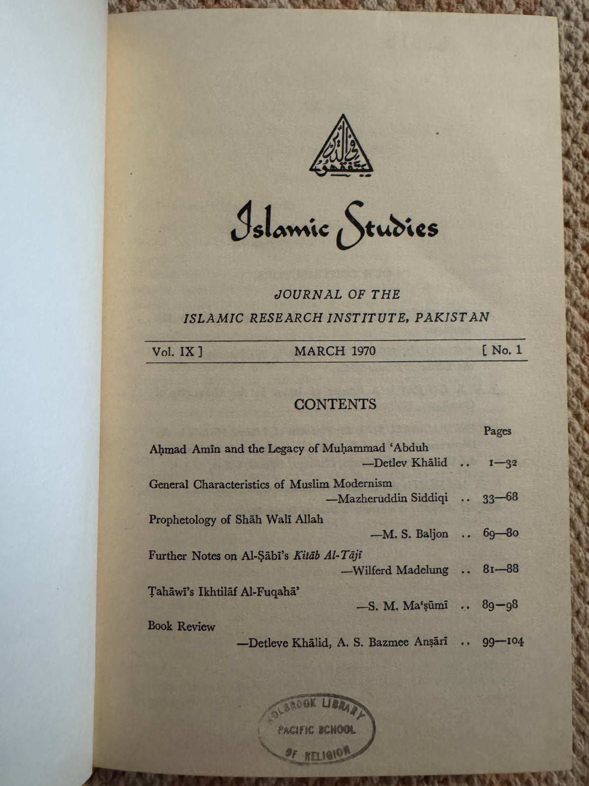 Islamic Studies  Vol IX, 1970, Nos. 1-4