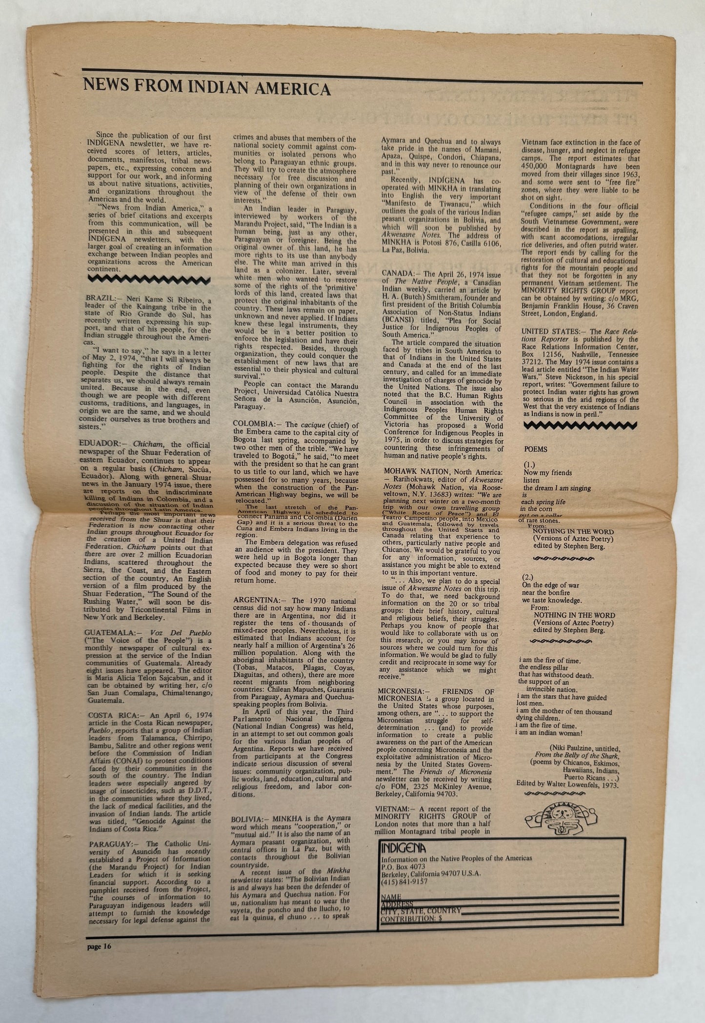 Indigena; News From Indian America; Vol. 1, No. 2; Summer 1974